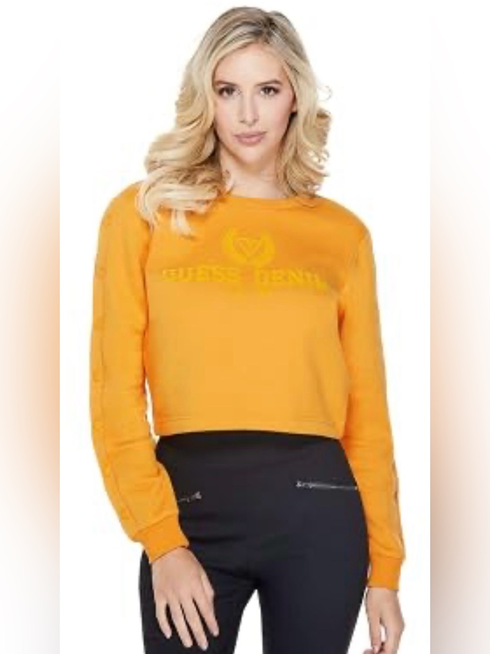 GUESS Los Angeles Crest Logo Cotton Blend Cropped Pullover Mustard Yellow Sz M